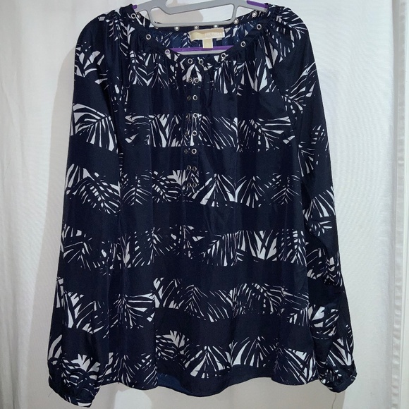Michael Kors palm leaf blouse Sz XL long sleeve button cuff botanical - Picture 1 of 10